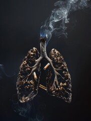 Conceptual image of human lungs with cigarette butts on black background