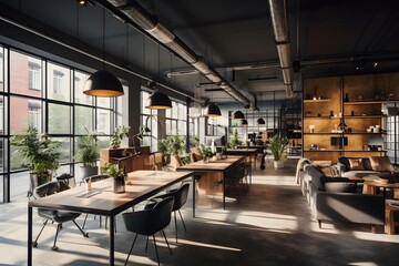 interior of modern cafe, panoramic shot with copy space