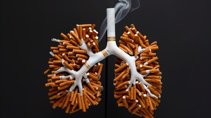 Conceptual image of human lungs with cigarette butts on black background