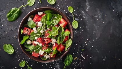 Top view of a salad bowl with watermelon feta cheese spinach and black sesame seeds on a dark table background