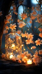 Candlelight in a glass jar with cherry blossoms in the forest
