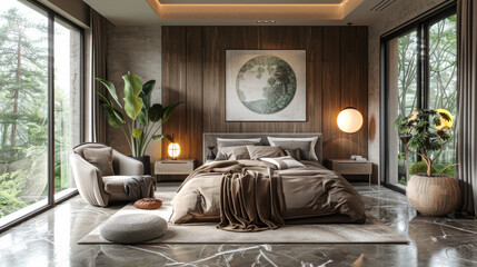 A bedroom with a large bed, a chair, and a window. The room has a modern and sophisticated feel,...