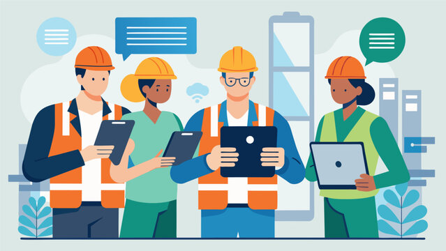 Construction workers using tablets to report daily progress and issues providing project managers with realtime updates and data.. Vector illustration