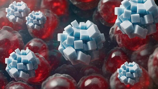  illustration of red blood cells with  blood cells with sugar, concept of hypoglycaemia
