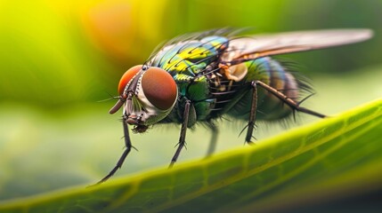 Close-up of a fly resting on a leaf, its compound eyes and delicate wings glistening in the sunlight against the backdrop of foliage.