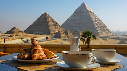 an authentic Egyptian breakfast spread, complete with traditional dishes like foul medames, taameya, and falafel, alongside freshly brewed coffee and a stack of crepes drizzled with honey.
