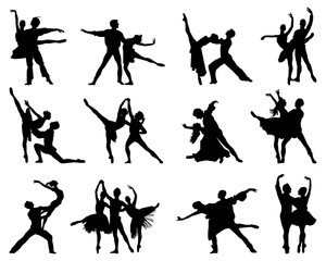 SVG Black silhouettes of ballet couples on white background	
