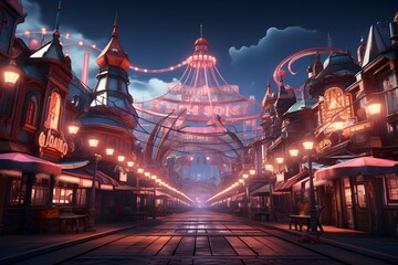 Amusement park at night 3d rendering illustration. Entertainment park with a carousel at night.