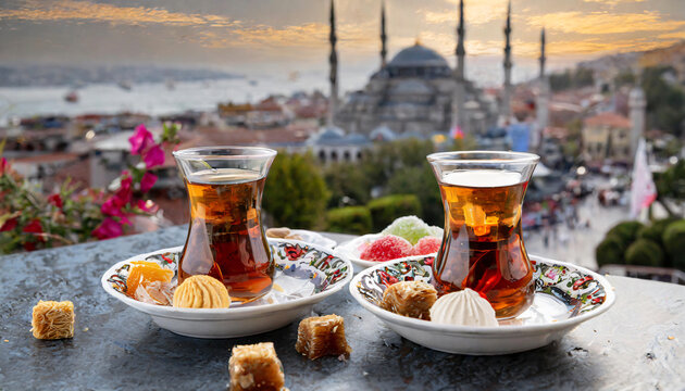 Traditional Turkish glasses of tea with desserts against Hagia Sophia, Istanbul daily landscape