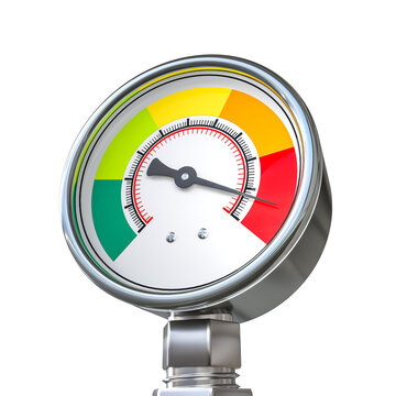 Colorful industrial pressure gauge on transparent background
