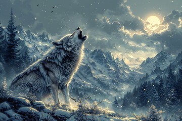 Illustration of a wolf in the mountains at night with full moon