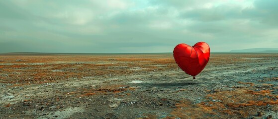 Fototapeta premium Red Heart Balloon Floating Over Barren Landscape