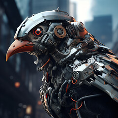 The image of the robot bird looks like a fighter hero. Generative AI
