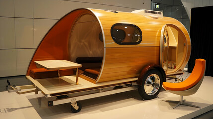 A compact cabin on wheels with a fold-down table that converts into a bed