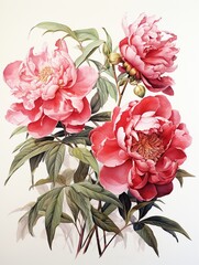 Simplistic yet deep portrayal of love through soft red Peonies and Red Camellias in watercolor, set against white ,  high resolution