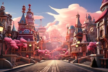Fantasy landscape with fantasy castle and road, 3d render illustration