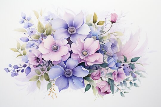 Soft, ethereal watercolor of a summer pink and purple bouquet, with overlapping petals suggesting movement, embodying the grace of nature ,  watercolor painting