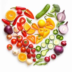 Naklejka premium love shape by various vegetables and fruits isolated on white background