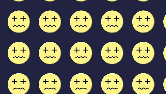 Funny emoji of a dead face (two crosses as the eyes, a zig-zag line as the mouth), animated in a repeating pattern, moving diagonally from the bottom right to the upper left corner of a blue screen.
