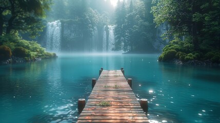 Serene lake with wooden dock, surrounded by forests and a majestic waterfall
