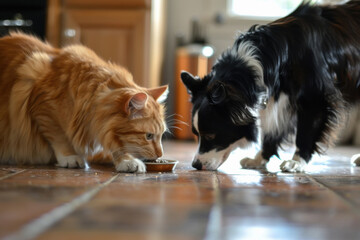 Dog and cat eating together in the kitchen,
