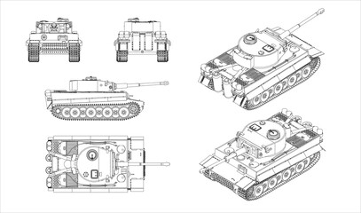 German heavy tank from World War II. Armored vehicles of Nazi Germany. Tank blueprint. Coloring page. Line drawing. Coloring book for children.