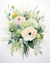 Watercolor wedding bouquet, pastels and greens in an organic arrangement, celebrating calm and beauty on a white canvas ,  high-detail texture