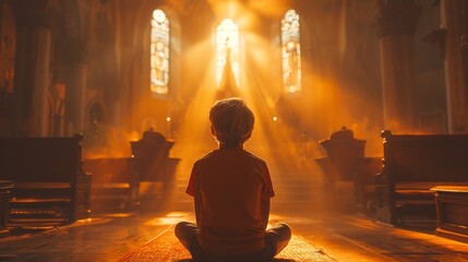 Child in peaceful meditation within a sunlit church