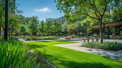A city square transformed into a green space, with grassy areas and shaded seating