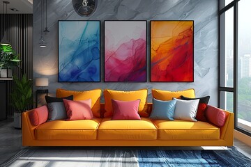 Immerse yourself in a bright and modern abstract canvas featuring geometric elements, brought to life by vibrant diagonal colored lines. - obrazy, fototapety, plakaty