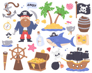 Cute pirate set in cartoon flat style. Vector illustration with cute pirate clipart elements.