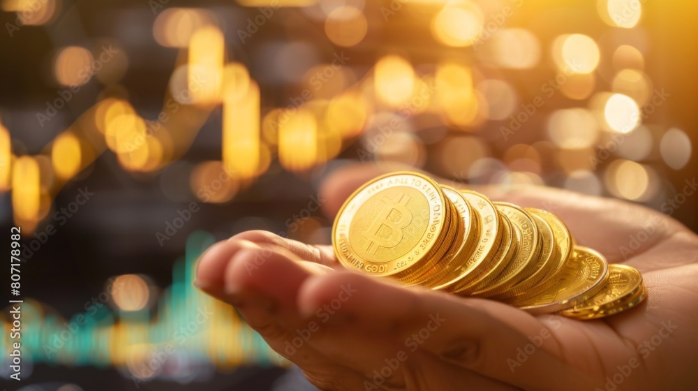 Poster close-up of a hand holding gold coins with a golden background and a graph charting gold price movem