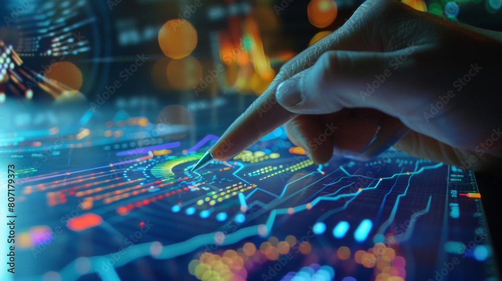 Poster Close-up of a hand using a stylus pen to navigate through stock market data and graphs on a touchscreen display, highlighting technology in trading.