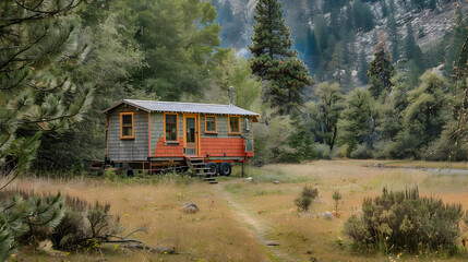 A rustic cabin on wheels parked in a remote wilderness area
