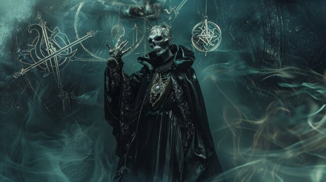 In this ominous portrayal, a lich clothed in dark mystical robes adorned with arcane symbols wields powerful magic. The smoky, eerie backdrop adds to the aura of dark sorcery.
