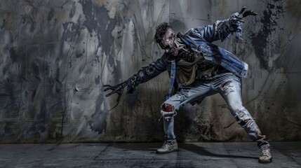 Obraz premium A chic zombie strikes a pose in distressed denim, contrasting his gruesome appearance against a vibrant graffiti backdrop, blending horror with urban fashion.