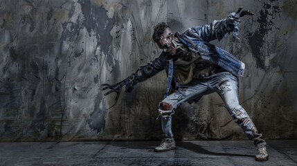 A chic zombie strikes a pose in distressed denim, contrasting his gruesome appearance against a vibrant graffiti backdrop, blending horror with urban fashion.