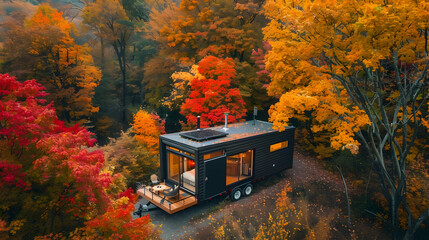 A tiny house on a trailer with a rooftop deck, surrounded by colorful autumn trees