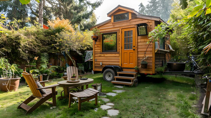 A tiny house on a trailer parked in a cozy backyard garden