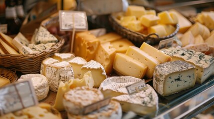 The assortment and different varieties of cheese on the shelves of stores. Promotional photo.