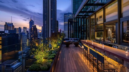 Fototapeta premium Close-up of a high-rise hotel with a rooftop bar offering stunning city views, attracting tourists and locals alike for evening cocktails.