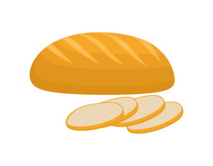 Fresh loaf of bread, sliced fresh wheat bread isolated on white background. Whole freshly baked bread and pieces. Wheat product in cartoon style. Bakery icon. Colored flat vector illustration
