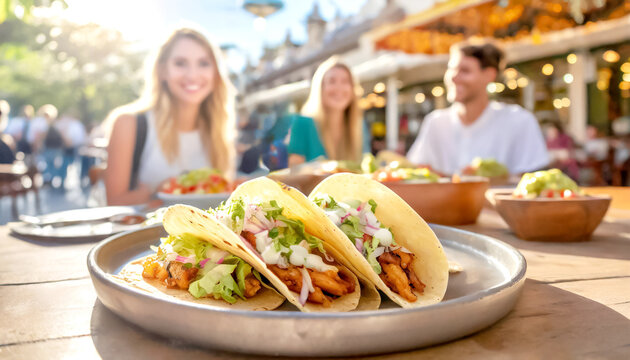 Tacos mit F&uuml;llung, im Hintergrund ein Restaurant mit G&auml;sten