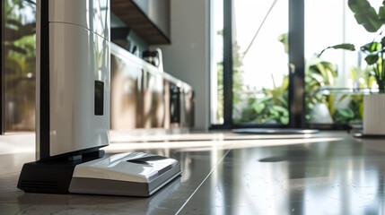 A robot vacuum cleaner is sitting on a shiny floor. The floor is clean and the robot is ready to be used