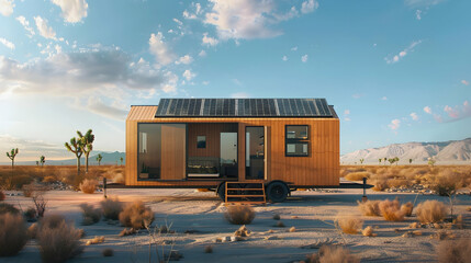 Obraz na płótnie Canvas An eco-friendly tiny house on wheels with solar panels on the roof, in a desert landscape