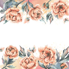Peony flowers with buds and leaves with flying butterflies in pastel peach fuzz color. Hand drawn...