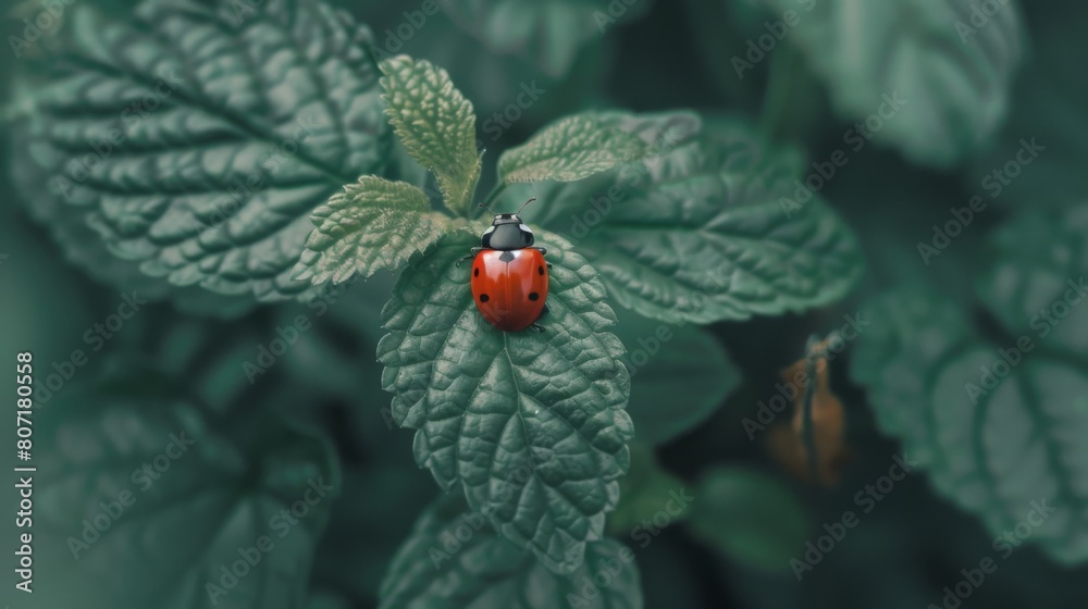 Poster close-up of a ladybug perched on a delicate leaf, its bright red shell contrasting beautifully with 