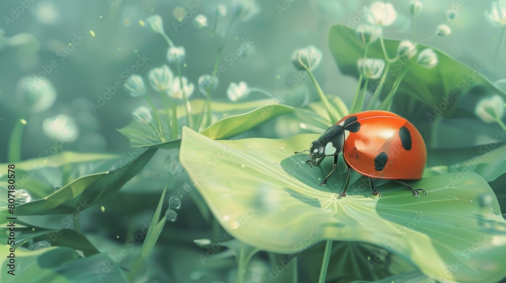 Poster close-up of a ladybug perched on a delicate leaf, its bright red shell contrasting beautifully with 