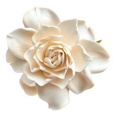 A detailed gardenia with creamy white petals, highly fragrant, isolated on a white background