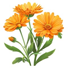 A realistic calendula with bright orange flowers, isolated on a white background